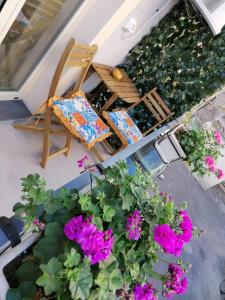 an overhead view of a patio with flowers and a chair at La Casa di Orlando in Catania