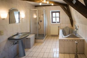 een badkamer met een wastafel, een douche en een bad bij Rißbacher Hof Mansarde anno 1737 in Traben-Trarbach