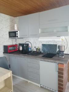 a kitchen with white cabinets and a counter top at Spatzennest in Garz-Rügen