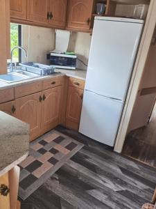 uma cozinha com um frigorífico branco e armários de madeira em Lochlands caravan park X(6) em Forfar