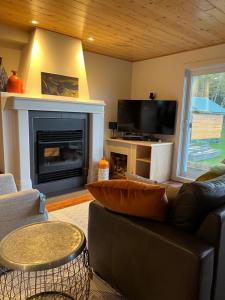 een woonkamer met een bank en een open haard bij Paradis de Charlevoix - Loft in Baie-Saint-Paul