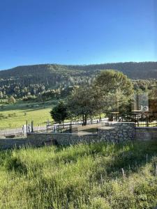 a view of a field with a fence and trees at Albergue de griegos in Griegos