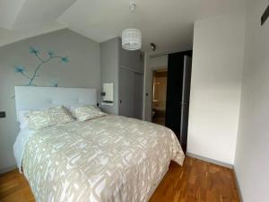 um quarto com uma cama grande num quarto em Penthouse with terrace and views near Oza's beach em La Coruña