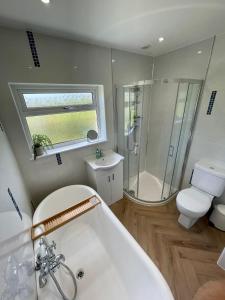 a bathroom with a tub and a toilet and a sink at Cheerful 2-bedroom bungalow with free parking in Newton Poppleford