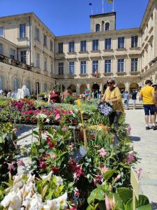a group of people walking around a garden with flowers at L'Empire D'Essences Appartement in Valréas