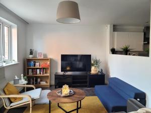 a living room with a blue couch and a tv at Conveniently located modern 3 bedroom w/ parking in Manchester