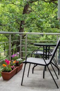 a table and chairs on a balcony with flowers at Apartment Nature in Sutomore