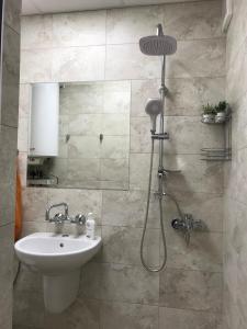 ein Bad mit einer Dusche und einem Waschbecken in der Unterkunft Apartment Neptun in Warna