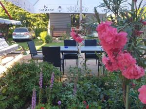 un tavolo e sedie in un giardino con fiori rosa di Casa Mary a Costinesti