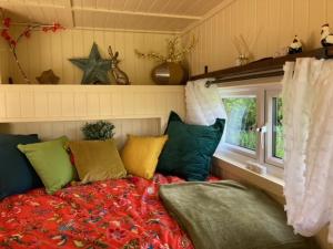 a bedroom with a bed with colorful pillows and a window at Neddys Rest Luxury Horsebox Stay in Battle