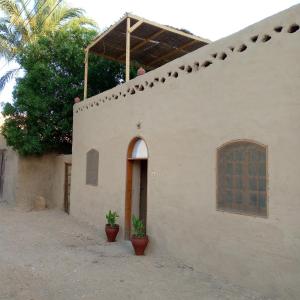 a building with two potted plants in front of it at Desert Rose Guesthouse in Luxor