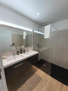 a bathroom with a sink and a shower with a mirror at Sunrise Glances & Free Parking in Funchal