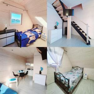 four pictures of a room with a bed and a staircase at Ferienhaus Diamenty Bałtyku Domki Wakacyjne BALIA z Jacuzzi in Mielenko