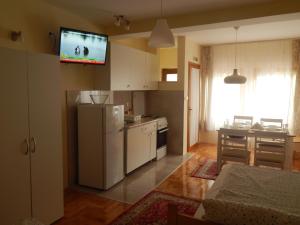 a kitchen with a refrigerator and a tv on the wall at Apartmani Jelica FREE PARKING in Vranje