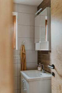 bagno bianco con lavandino e specchio di Haloze na dlani - Haloze in your hand, hiša s pogledom na hribe - a house vith a view of hills a Gruškovec