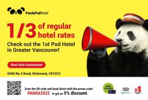 a poster of a panda holding a red megaphone at Panda Pod Hotel in Richmond