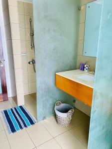 y baño con lavabo, espejo y cesta. en Appartement cozy et élégant à 5 minutes des plages, en Mont Choisy