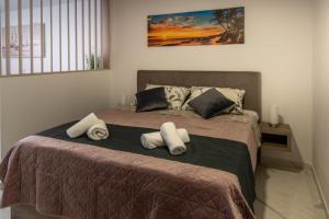 德拉葛的住宿－Apartmani Dalmacija Drage，一间卧室配有带毛巾的床