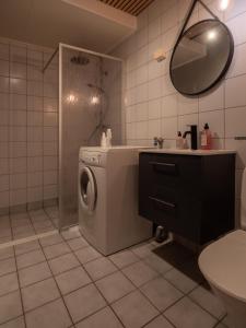 a bathroom with a washing machine and a sink at Cozy apartment by the sea in Tromsø