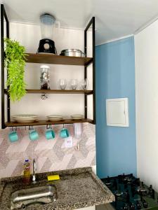 a kitchen with a sink and a blue wall at Temporada 737 in Aracaju
