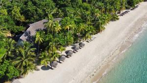 una vista aerea di una spiaggia con palme di Andilana Lodge ad Andilana Altre 37 foto