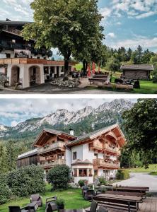 zwei Bilder eines Gebäudes mit Bergen im Hintergrund in der Unterkunft Berggasthof Bärnstatt in Scheffau am Wilden Kaiser