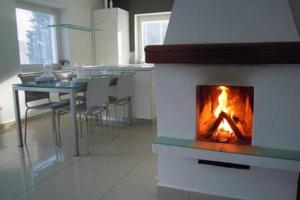 a kitchen with a fireplace in the middle of a room at Luxury apartment fireplace + sauna in Stará Paka