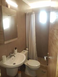 La salle de bains est pourvue de toilettes blanches et d'un lavabo. dans l'établissement Amalthia, à Siteía