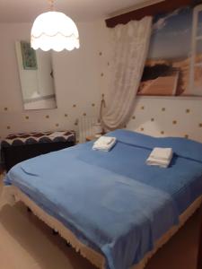 een slaapkamer met een blauw bed en handdoeken bij Affittacamere GERANI in Capizzi