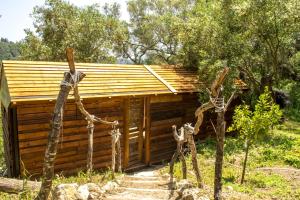 uma pequena cabana de madeira num campo com árvores em Pelekas Olive Grove Oasis Room No4 em Pelekas