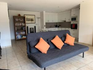ein blaues Sofa mit orangefarbenen Kissen im Wohnzimmer in der Unterkunft Le Chalet Rosat Apartment 25 in Chateau-d'Oex