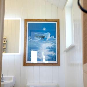 a picture of a plane in the sky in a bathroom at Hornington Manor Luxury Shepherd Huts in York