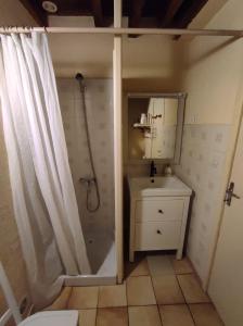 La salle de bains est pourvue d'une douche, de toilettes et d'un lavabo. dans l'établissement gite le vieux perrin, à Andelaroche