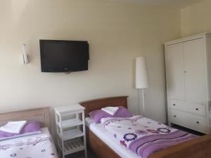 um quarto com 2 camas individuais e uma televisão de ecrã plano em Schmetterling Zimmer em Bad Lausick