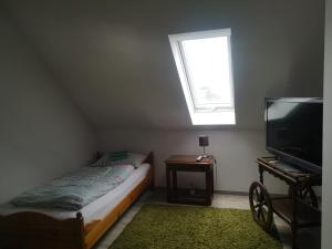 a small bedroom with a bed and a television at Schmetterling Zimmer in Bad Lausick
