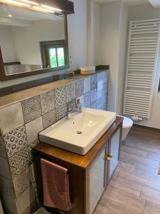 une salle de bain avec un lavabo et un miroir dans l'établissement Ferienwohnung Lichterhof, à Sebnitz