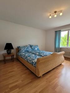 1 dormitorio con 1 cama y 1 lámpara en el suelo de madera en Schöne grosse Attika-Wohnung im Zentrum von Vaduz inkl. Parkplatz, en Vaduz