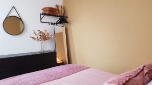 a bedroom with a bed with a mirror and a dresser at BnB Antwerpen - CHARMANT in Antwerp