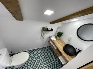 a bathroom with a toilet and a mirror at Vila Blanc Valiug Crivaia in Văliug +76 photos