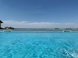 a large pool of blue water in front of a house at Al Tirabusòn Country House in Nizza Monferrato