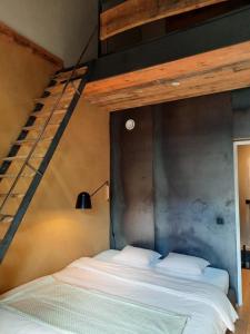 - une chambre avec des lits superposés et une échelle dans l'établissement Gîte l'Atelier agréable maison de ville avec cour intérieure, à Saint-Hubert