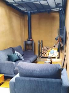 a living room with two couches and a wood stove at Gîte l'Atelier agréable maison de ville avec cour intérieure in Saint-Hubert