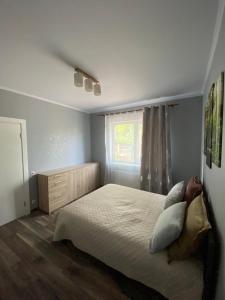 尤爾馬拉的住宿－Guest house Sunny，一间卧室设有一张大床和一个窗户。