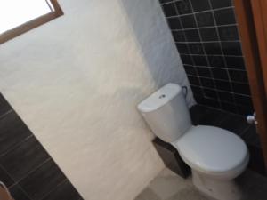 Łazienka z białą toaletą i czarnymi ścianami wyłożonymi kafelkami w obiekcie Le Léna w mieście Largentière +3 zdjęcia