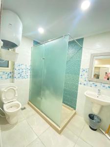 a bathroom with a shower and a toilet and a sink at Zafero Studios and Apartments - Families only in Alexandria +62 photos