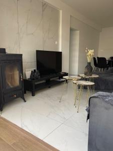 a living room with a fireplace and a television at Oneiro Napa Suite in Ayia Napa +7 photos