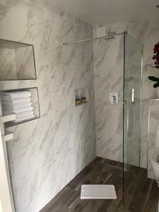 baño con ducha y puerta de cristal en VILLA DE VACANCES AVEC JARDIN PRIVÉ, en La Gaude