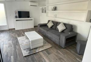 ein Wohnzimmer mit einem Sofa und einem TV in der Unterkunft VILLA DE VACANCES AVEC JARDIN PRIVÉ in La Gaude