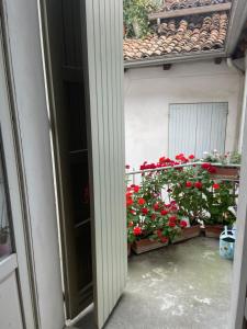 Otwarte drzwi na balkon z czerwonymi kwiatami w obiekcie Casa Bonacini w mieście Reggio nell'Emilia