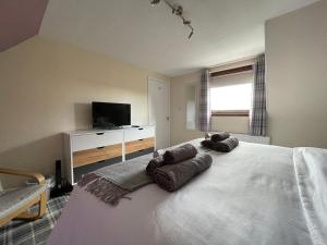um quarto com uma cama grande com duas almofadas em Craggan em Dornoch